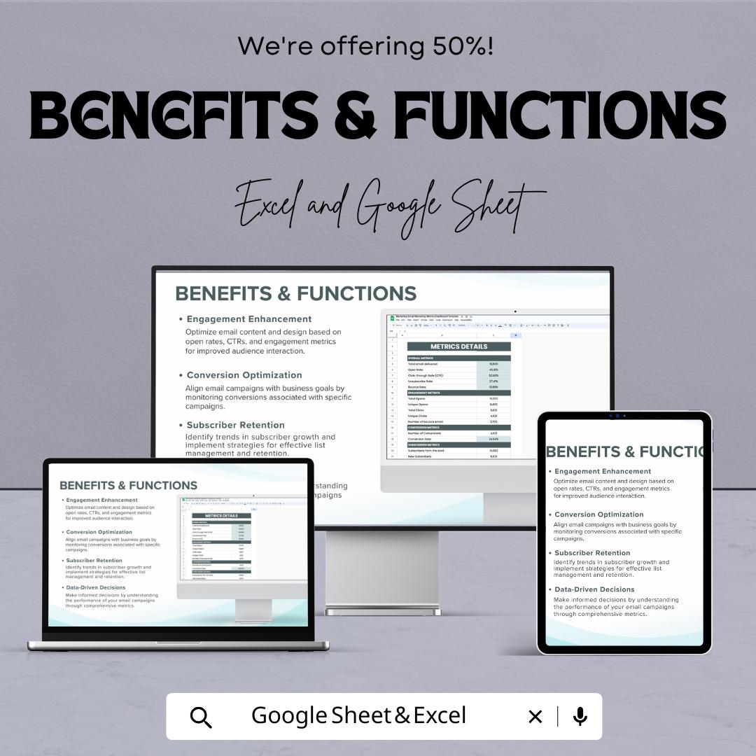 Marketing Brand Awareness Metrics Dashboard | Google Sheet Template | Track social media, Website, and Email Performance | Metrics Overview