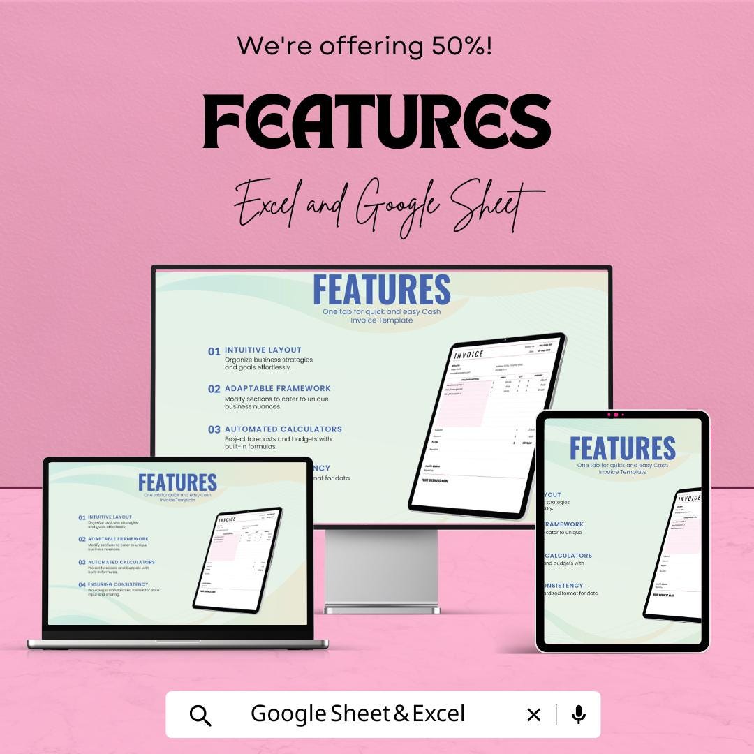 Cash Invoice Template - Excel & Google Sheets - Professional, Customizable Invoice for Businesses