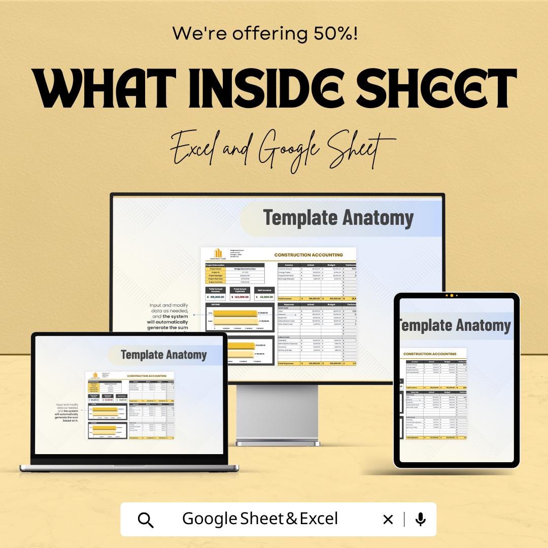 Construction Accounting Template | Excel & Google Sheet | Project Cost Tracker | 50% Off!