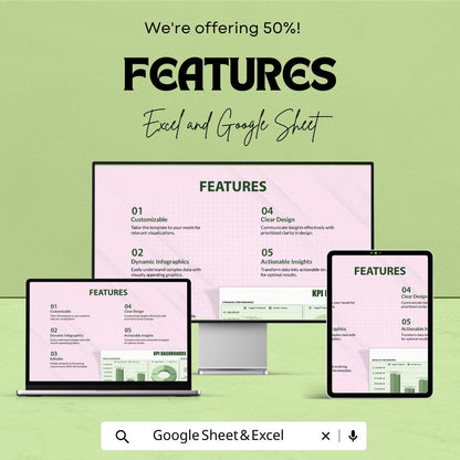 KPI Dashboard Infographics Template | Google Sheets | Key Metrics Visualization | Business Performance Tracker | Editable KPI Report