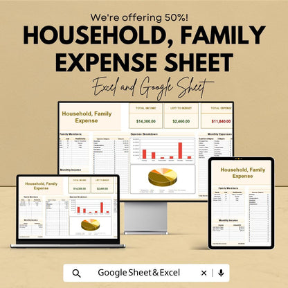 Household, Family Expense Sheet | Budget Tracker for Family Finances | Excel & Google Sheet | Instant Download