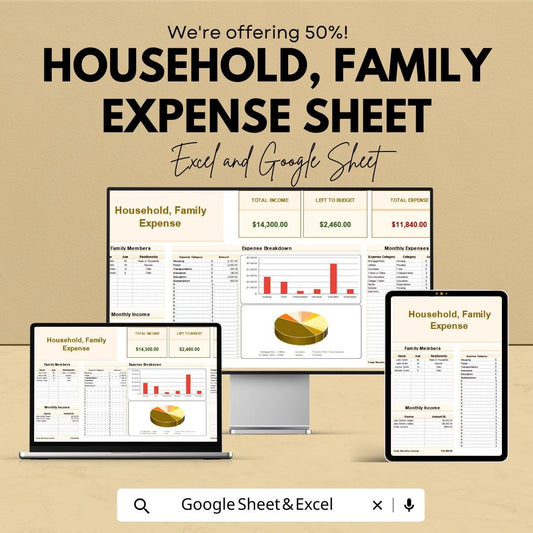 Household, Family Expense Sheet | Budget Tracker for Family Finances | Excel & Google Sheet | Instant Download