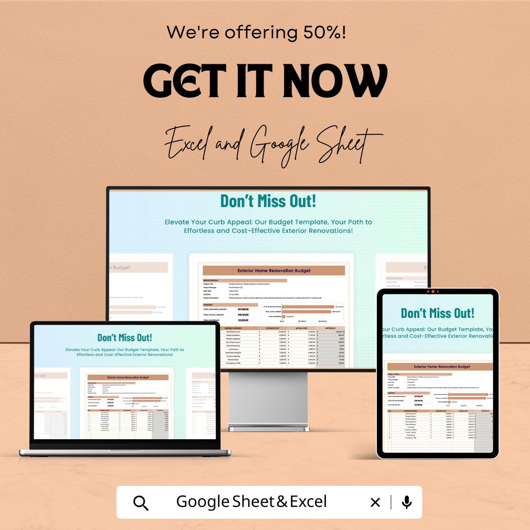 Exterior Home Renovation Budget Template | Excel & Google Sheets | Home Improvement Cost Planner | Remodeling Budget Spreadsheet