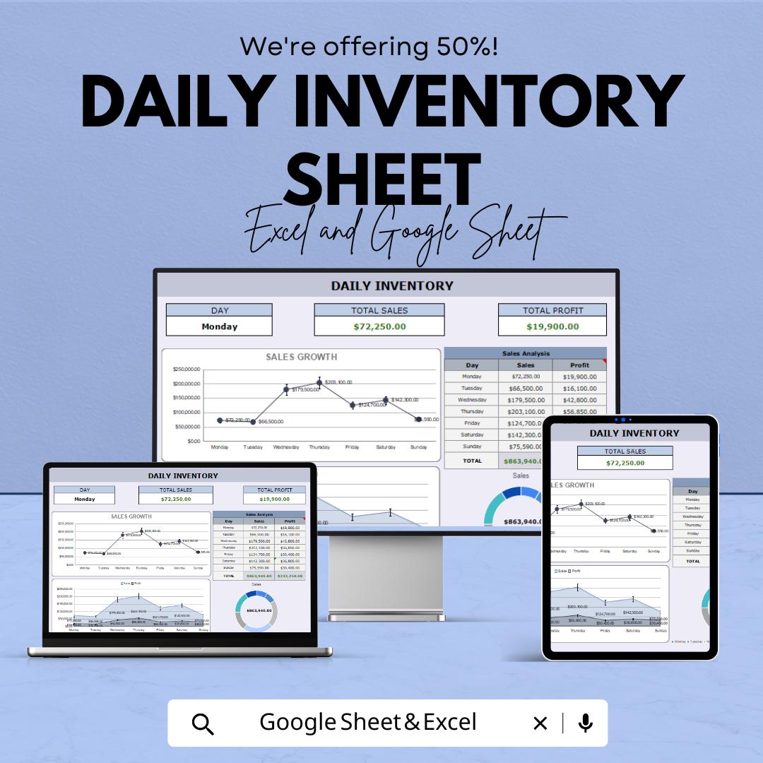 Daily Inventory Sheet Template for Excel and Google Sheets | Track Sales & Profit with Ease | Customizable Daily Sales Tracker