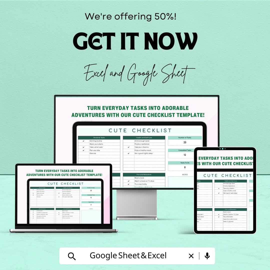 Cute Checklist Sheet | Excel and Google Sheets | Daily Task Planner | Fun & Adorable Checklist Template | Organize Your Day |