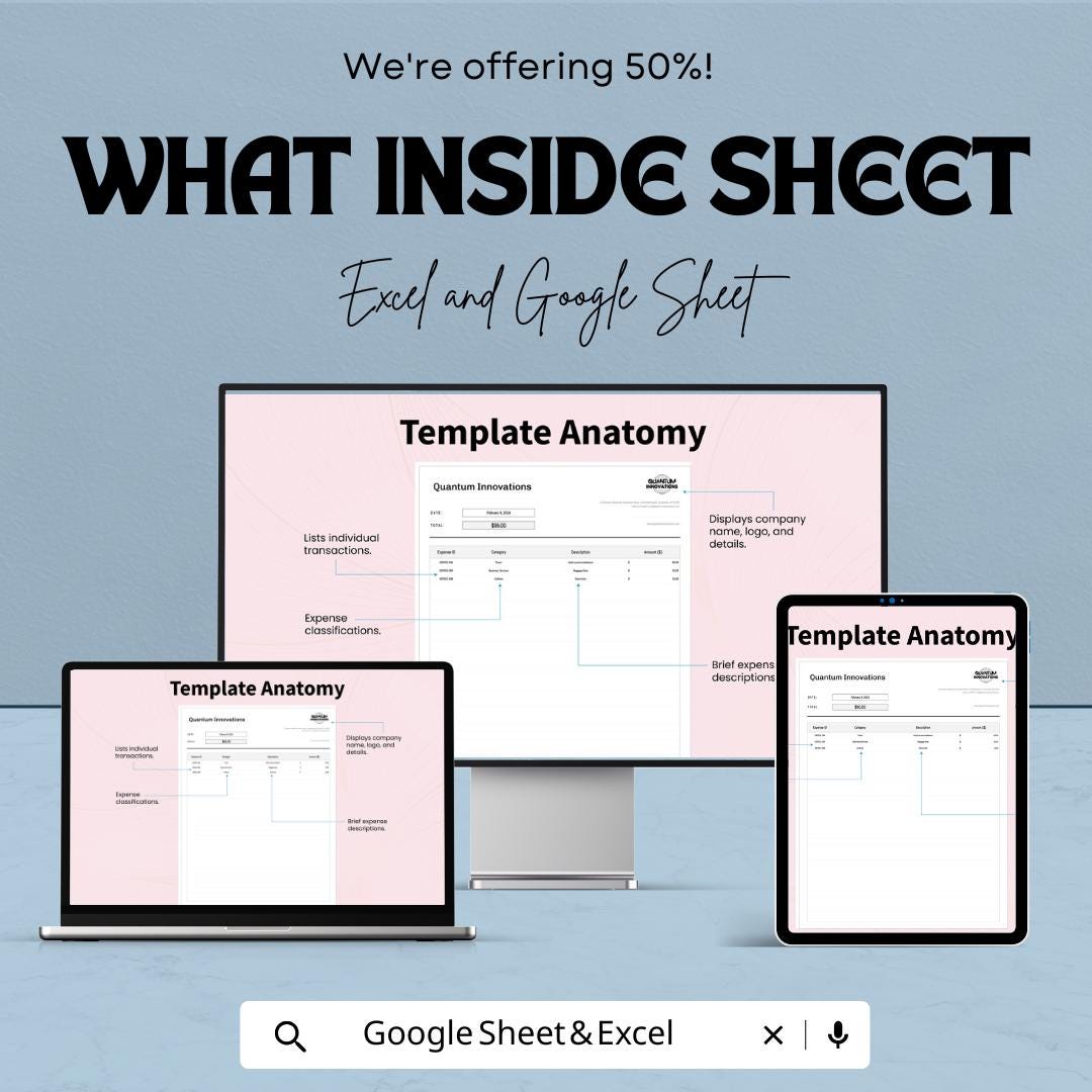 Expense Report Accounting Template | Expense Tracker Spreadsheet | Business Expense Log | Automated Calculations | Finance Template