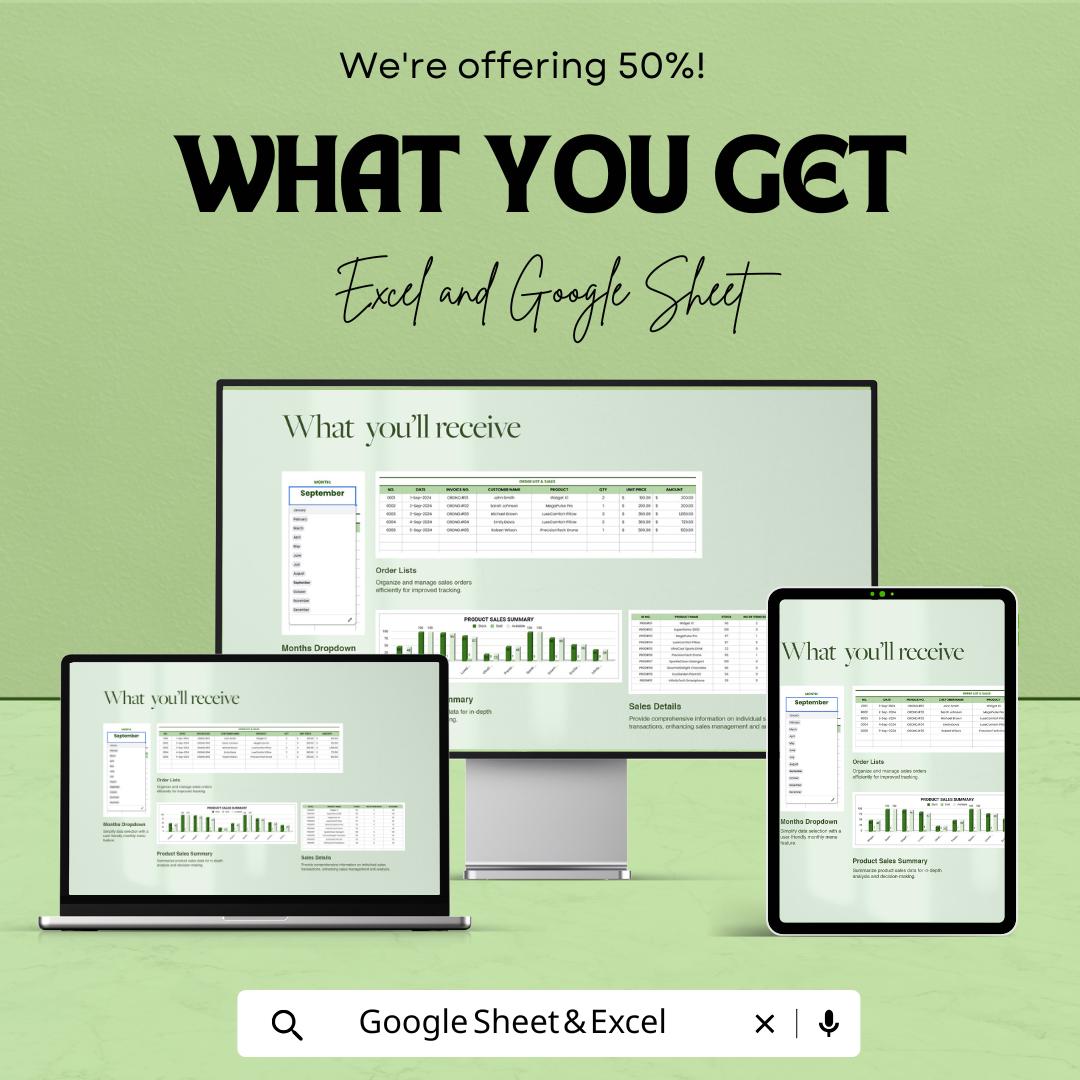 Sales Spreadsheet Template | Sales Tracker and Order Management Sheet | Excel & Google Sheets