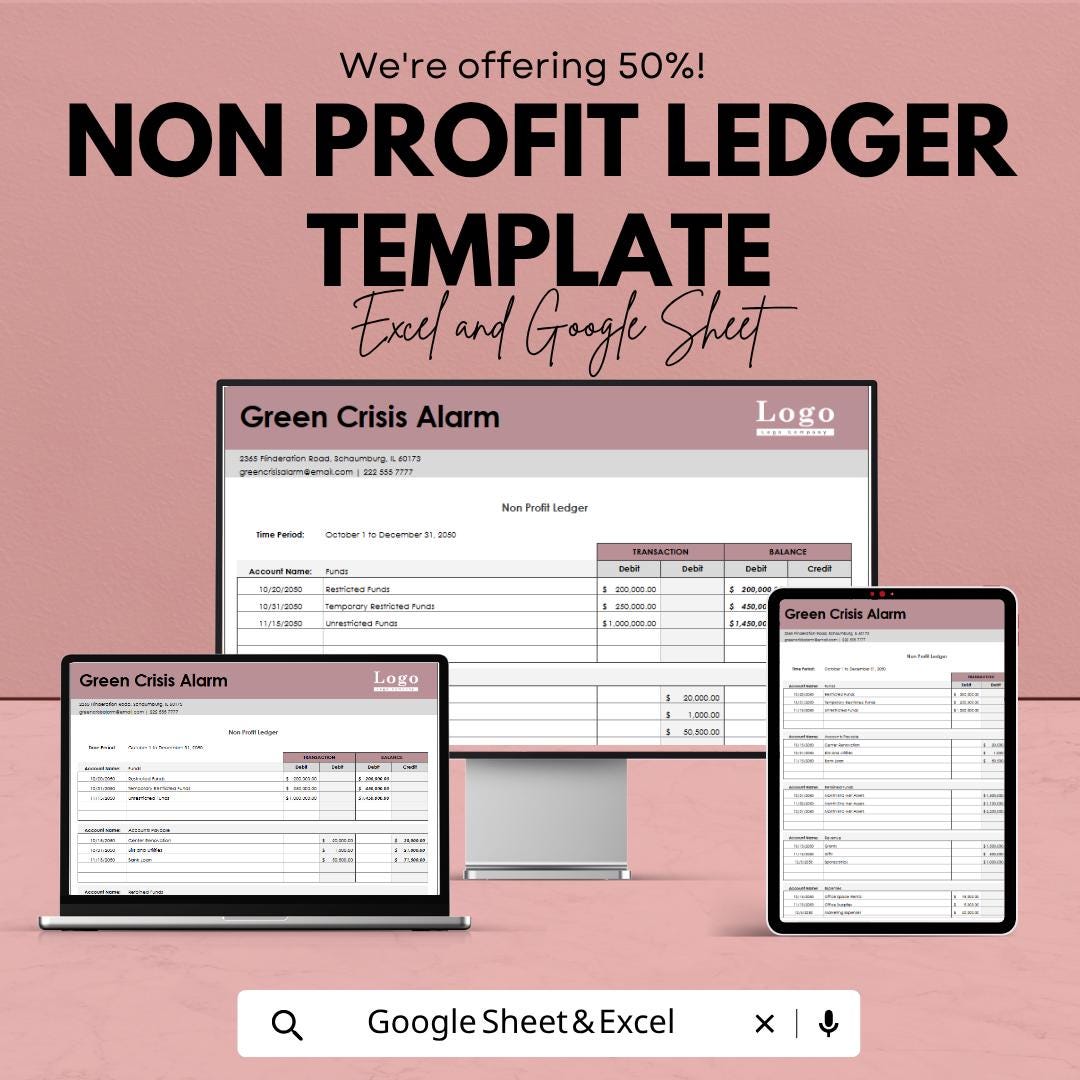 Non Profit Ledger Template Excel Google Sheets | Nonprofit Accounting Spreadsheet | Fund Tracking Template | Charity Financial Ledger |