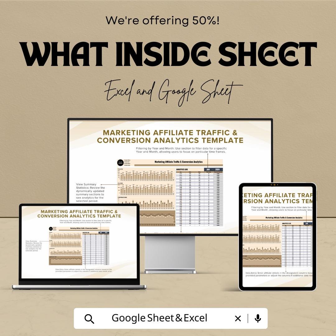 Marketing Affiliate Traffic & Conversion Analytics Template | Affiliate Dashboard | Conversion Tracker | Marketing KPI Template