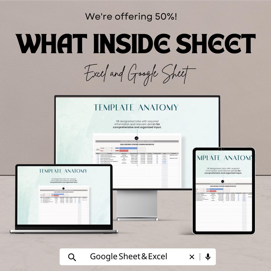 Corporate Strategic Planning Template, Business Strategy Tracker, SWOT & KPI Planning Sheet, Strategy Dashboard