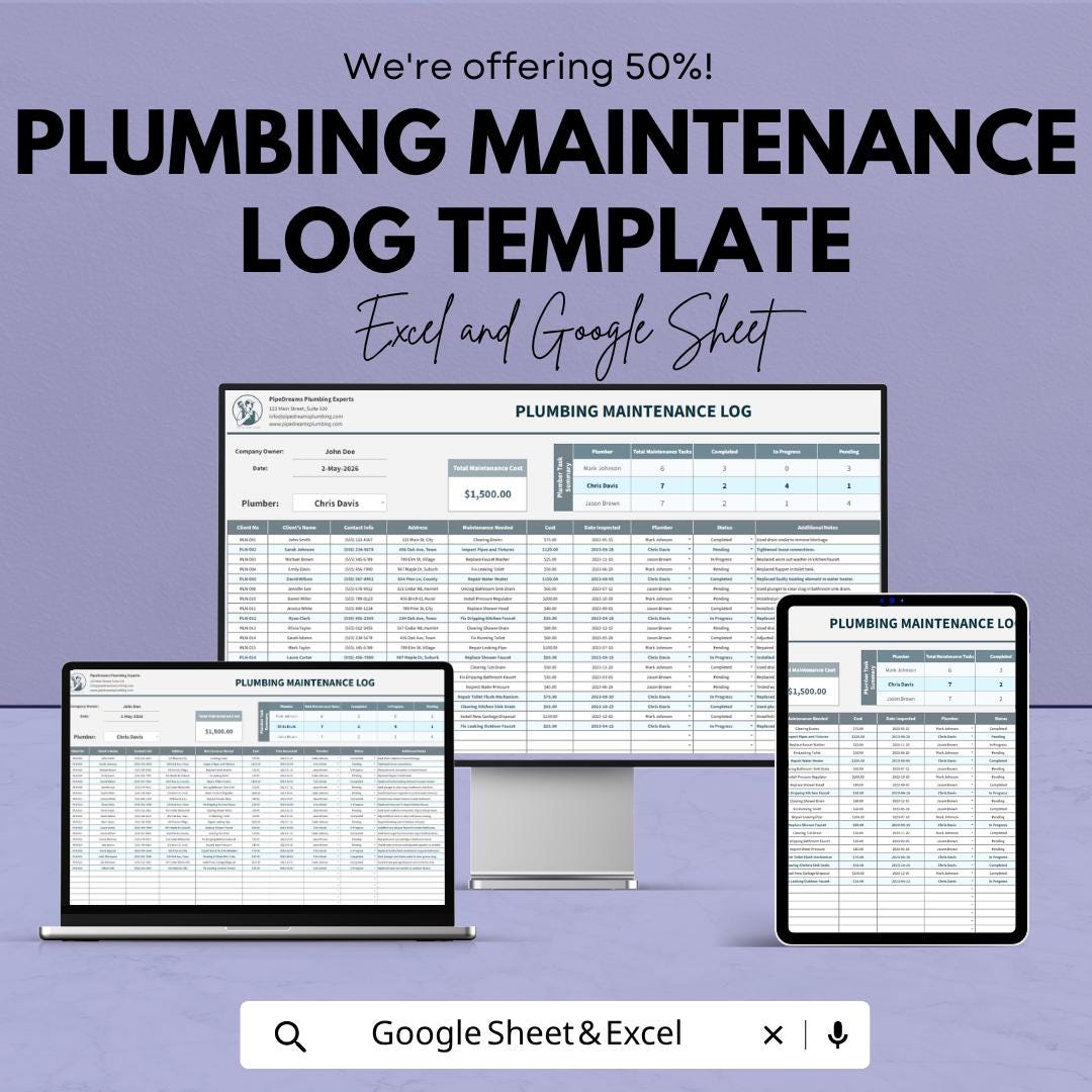 Plumbing Maintenance Log Template | Plumbing Service Tracker | Maintenance Spreadsheet Template | Excel & Google Sheets | Repair Log Sheet |