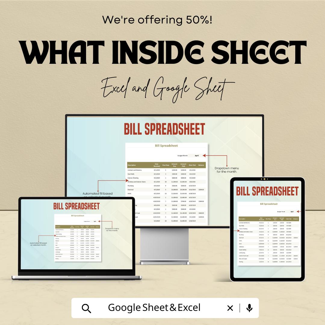 Bill Spreadsheet | Excel & Google Sheets Budget Template | Expense Tracker | Monthly Bill Organizer | Financial Planning Spreadsheet