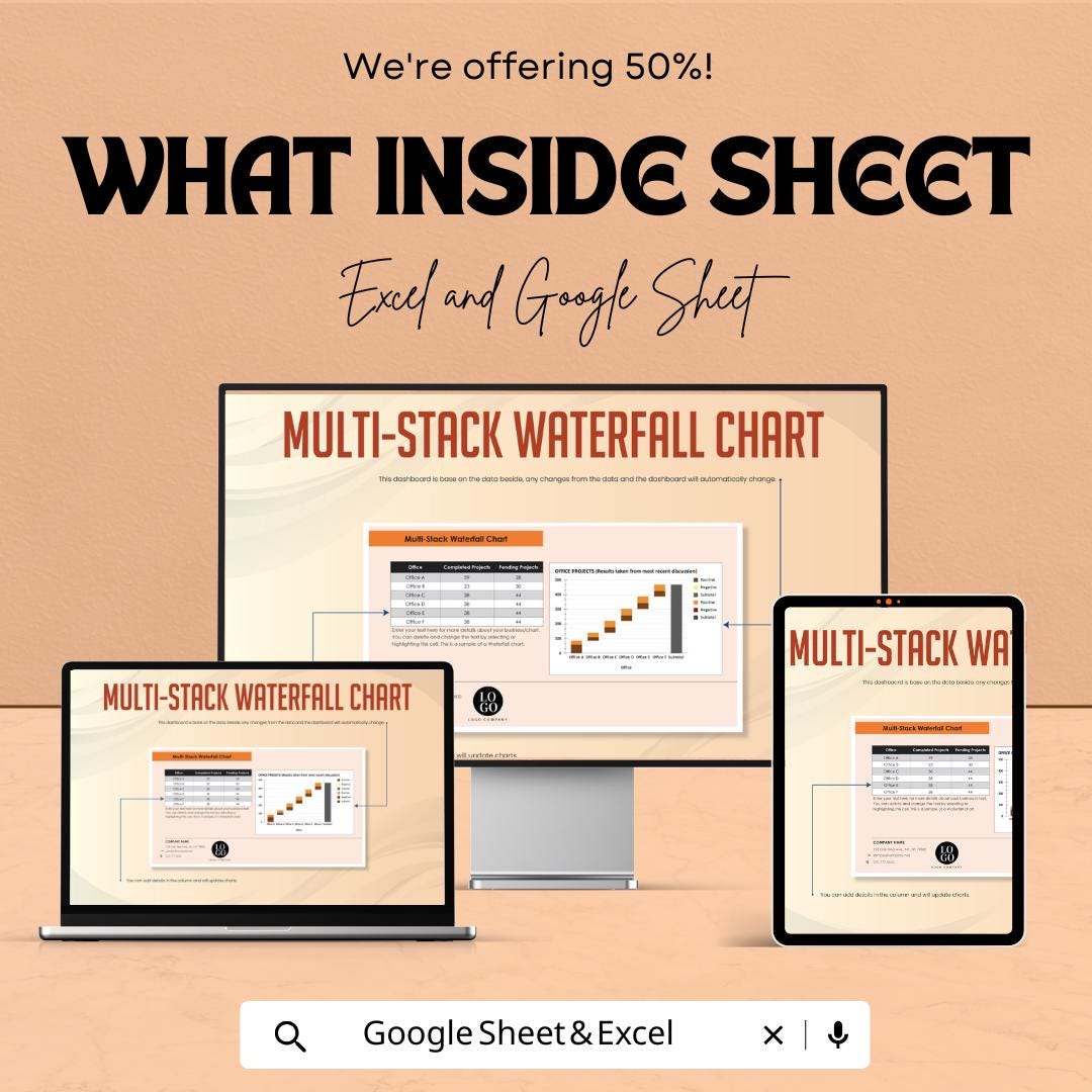 Multi-Stack Waterfall Chart Sheet for Excel & Google Sheets - 50% Off - Visualize Project Progress