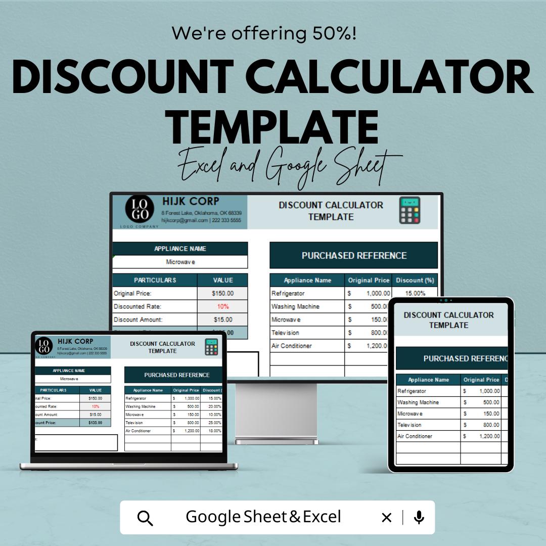 Discount Calculator Template | Price Discount Sheet | Sales Discount Tracker | Business Finance Spreadsheet | Editable Calculator Tool
