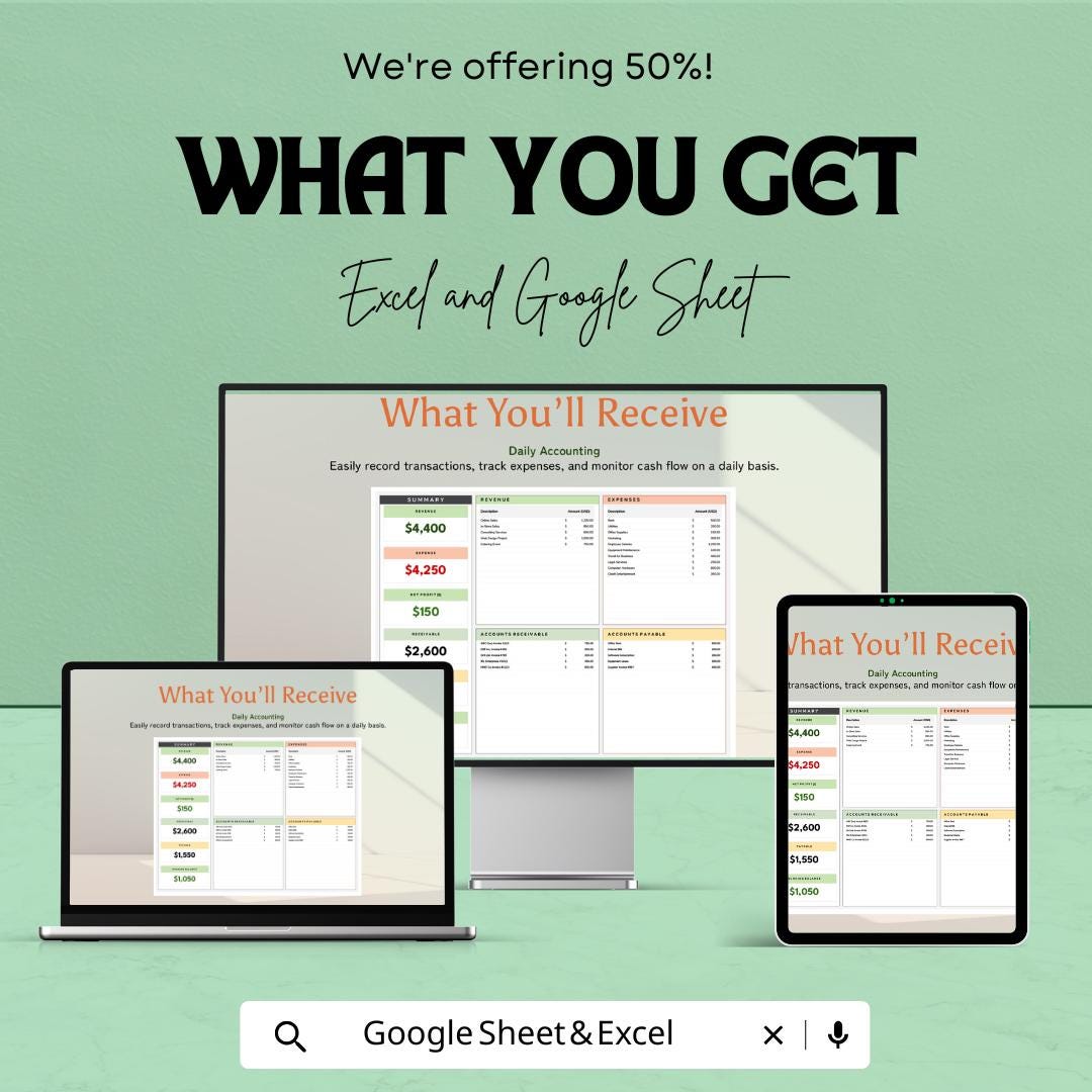 Daily Accounting Template | Excel & Google Sheets | Expense Tracker | Revenue Tracker | Cash Flow Template | Small Business Accounting