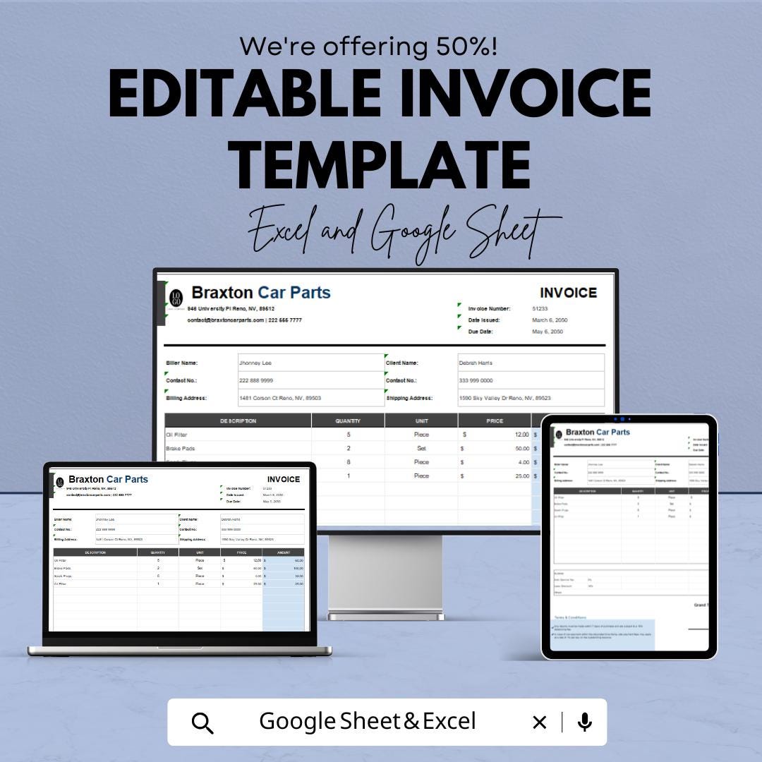 Editable Invoice Template | Excel and Google Sheets | Printable Invoice Form | Business Billing Template | Service and Product Invoice Sheet