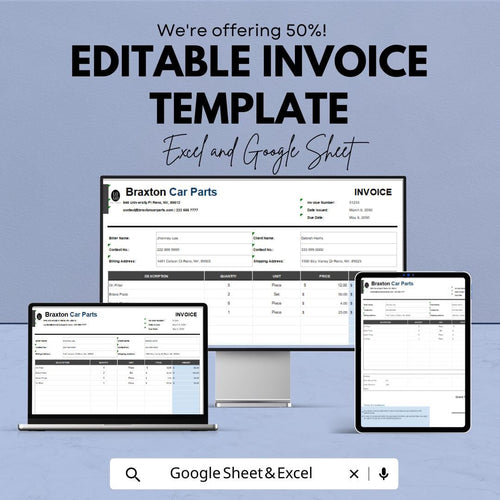 Editable Invoice Template | Excel and Google Sheets | Printable Invoice Form | Business Billing Template | Service and Product Invoice Sheet