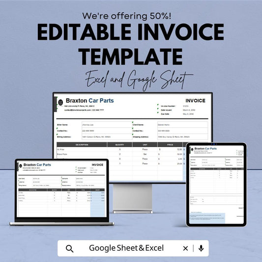 Editable Invoice Template | Excel and Google Sheets | Printable Invoice Form | Business Billing Template | Service and Product Invoice Sheet