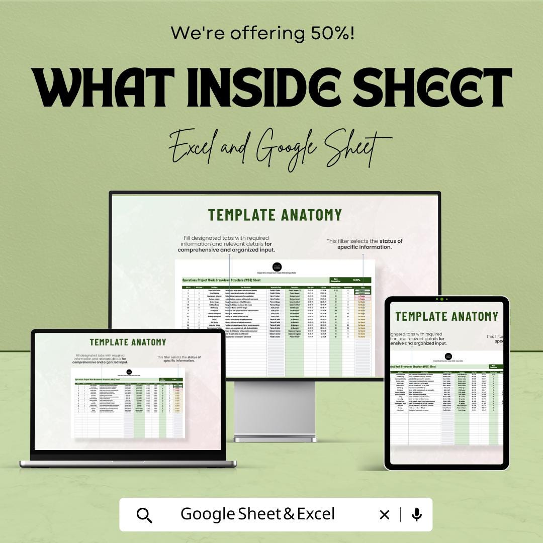 Operations Project Work Breakdown Structure (WBS) Sheet Template | Project Planner | Project Management Tracker | Work Task Organizer
