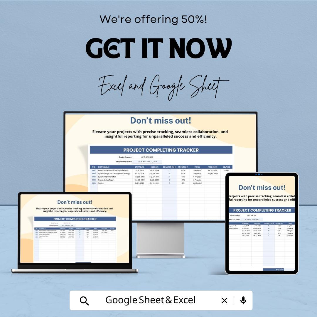 Project Completing Tracker Template, Project Progress Tracker, Completion Log Spreadsheet, Project Management Tracker