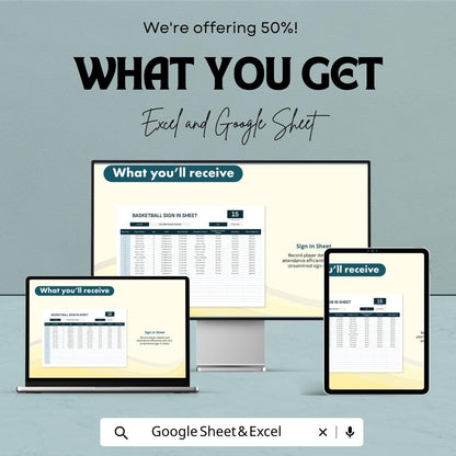 Basketball Sign-In Sheet Template | Excel and Google Sheets | Track Player Attendance & Team Info | Editable | Instant Download
