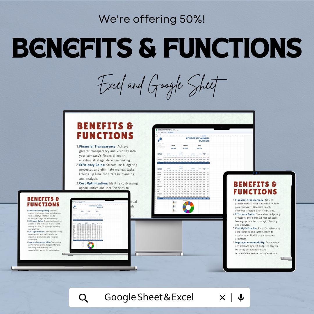 Corporate Annual Budget Template | Business Budget Spreadsheet | Financial Planning Template | Company Expense Tracker