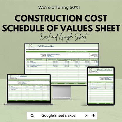 Construction Cost Schedule of Values Sheet | Excel & Google Sheets Template | Construction Project Cost Management Tracker