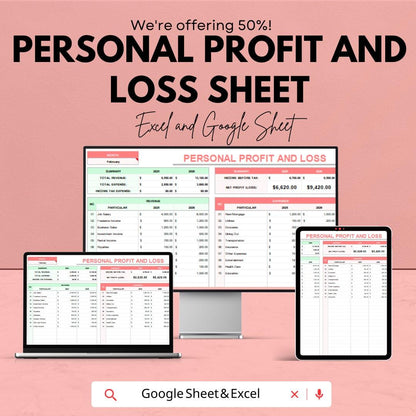 Personal Profit and Loss Sheet Template - Track Your Finances, Expenses - Monthly Tracker - Budget Planner - Financial Management