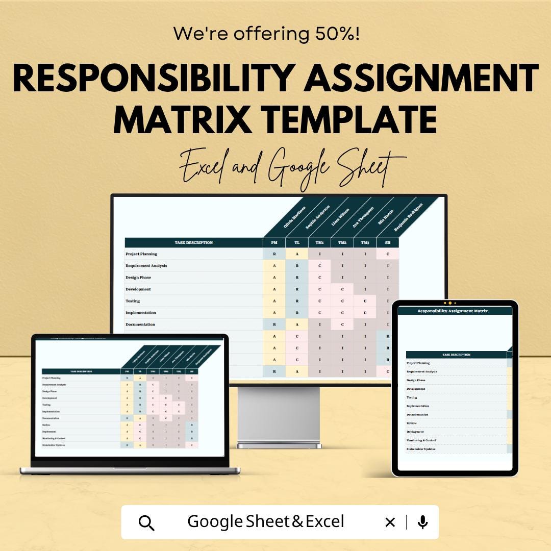 Responsibility Assignment Matrix Template Excel | RACI Matrix Template Google Sheets | Project Management Tool | RAM Template |