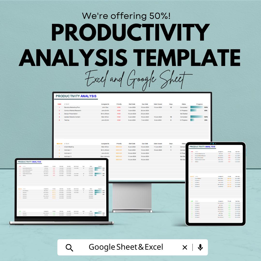 Productivity Analysis Template | Employee Performance Tracker | Task Management Spreadsheet | Team Efficiency Planner