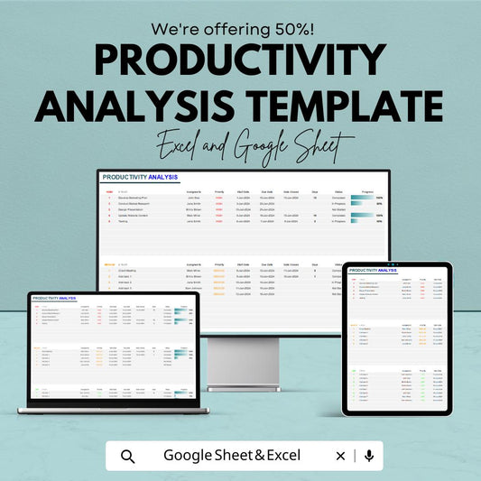 Productivity Analysis Template | Employee Performance Tracker | Task Management Spreadsheet | Team Efficiency Planner