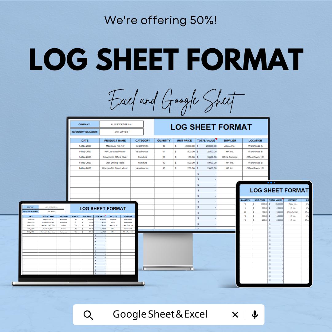 Log Sheet Format – Excel & Google Sheets – Inventory Tracking, Product Management, Data Recording – Customizable Log Template