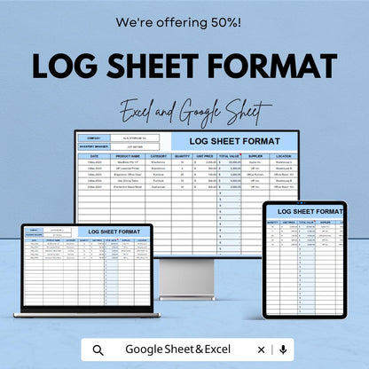 Log Sheet Format – Excel & Google Sheets – Inventory Tracking, Product Management, Data Recording – Customizable Log Template