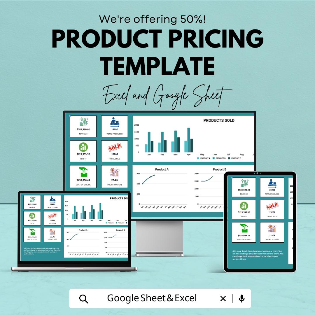 Product Pricing Template | Excel & Google Sheets Pricing Calculator | Sales Tracker Dashboard | Profit Margin and Cost Analysis