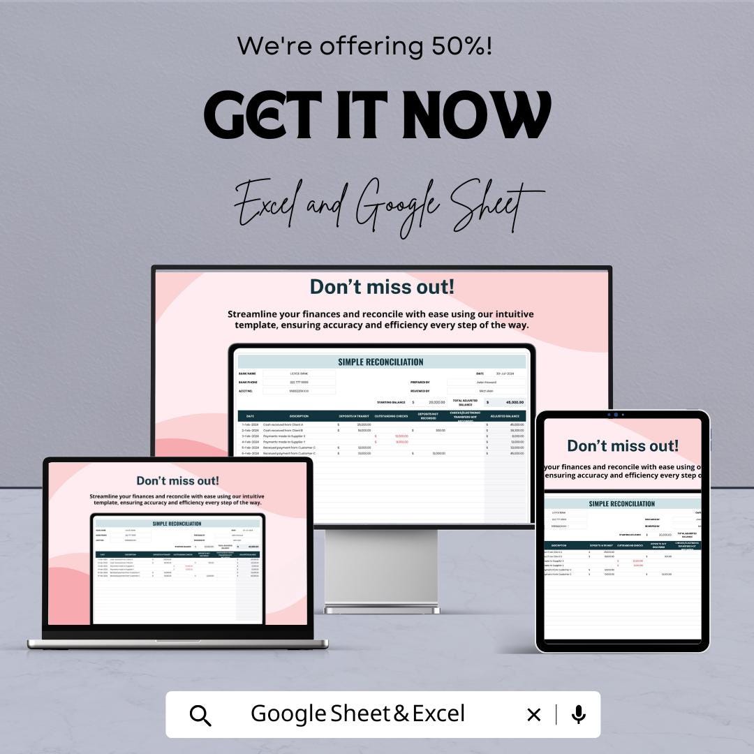 Simple Reconciliation Sheet for Quick Financial Balancing | Excel & Google Sheets Template | Automated Matching and Error Detection