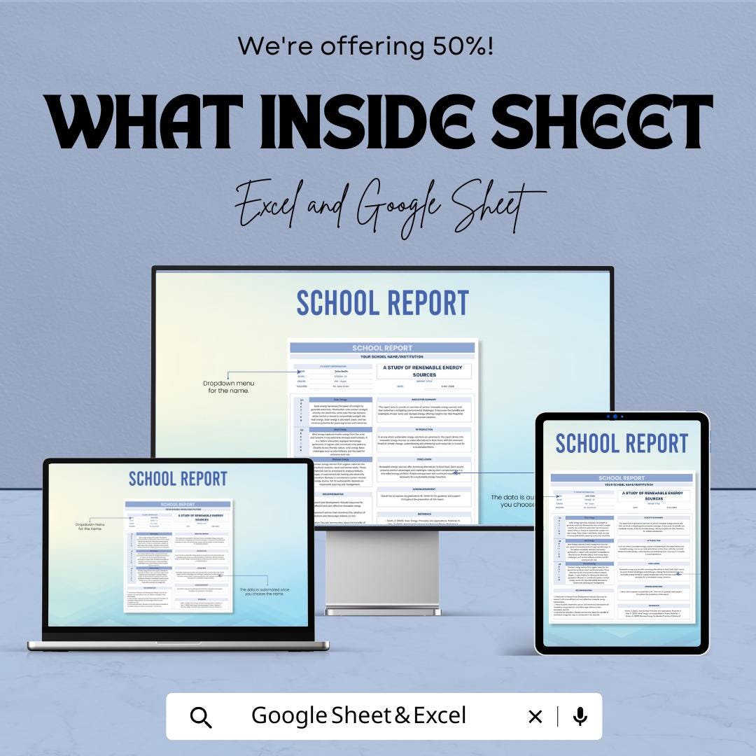 School Report Template | Editable Student Report Sheet | Excel & Google Sheets | Academic Project Report | Printable School Template
