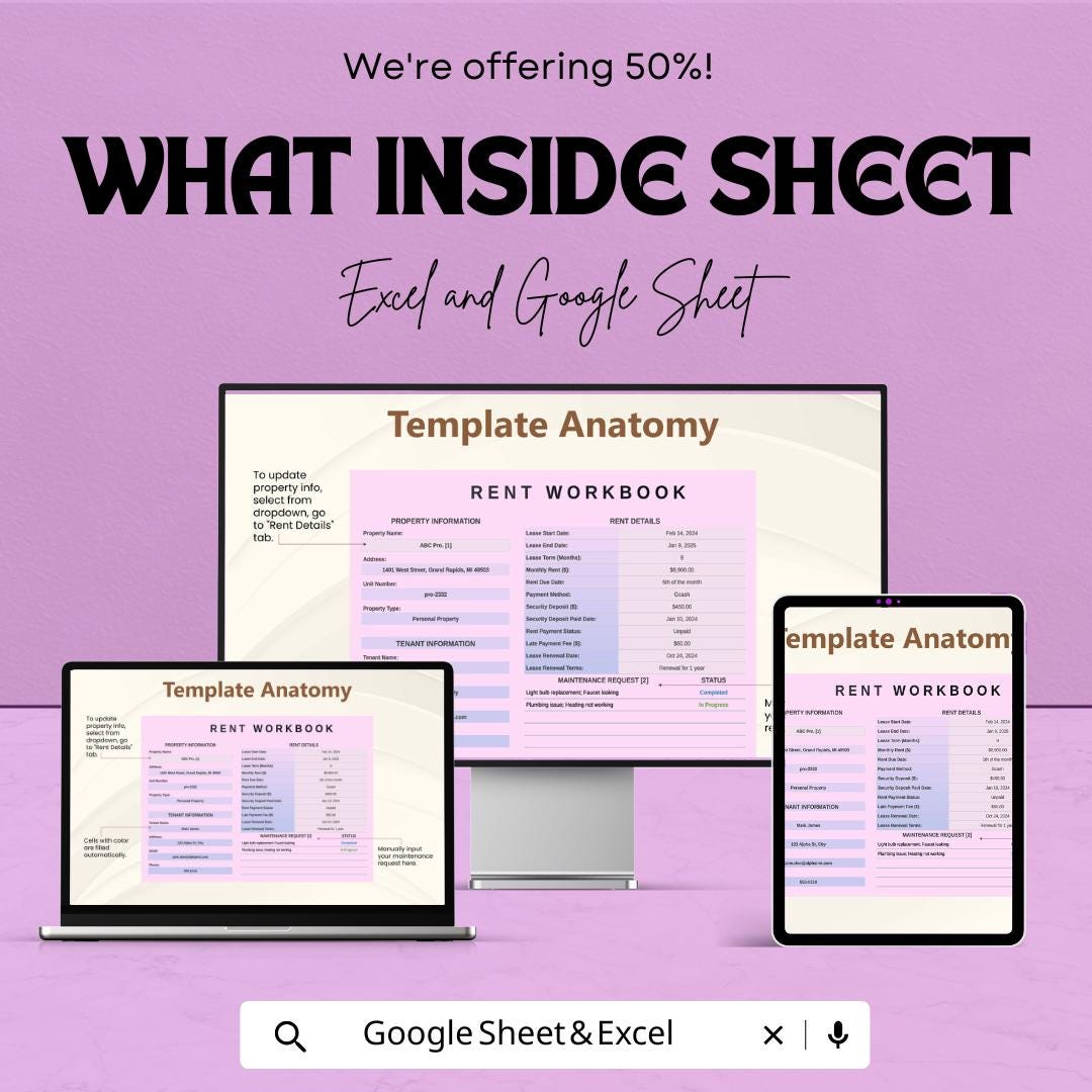 Rent Workbook Template | Excel and Google Sheets | Rental Property Tracker | Tenant Management Sheet | Lease Tracker | Editable Rent Log