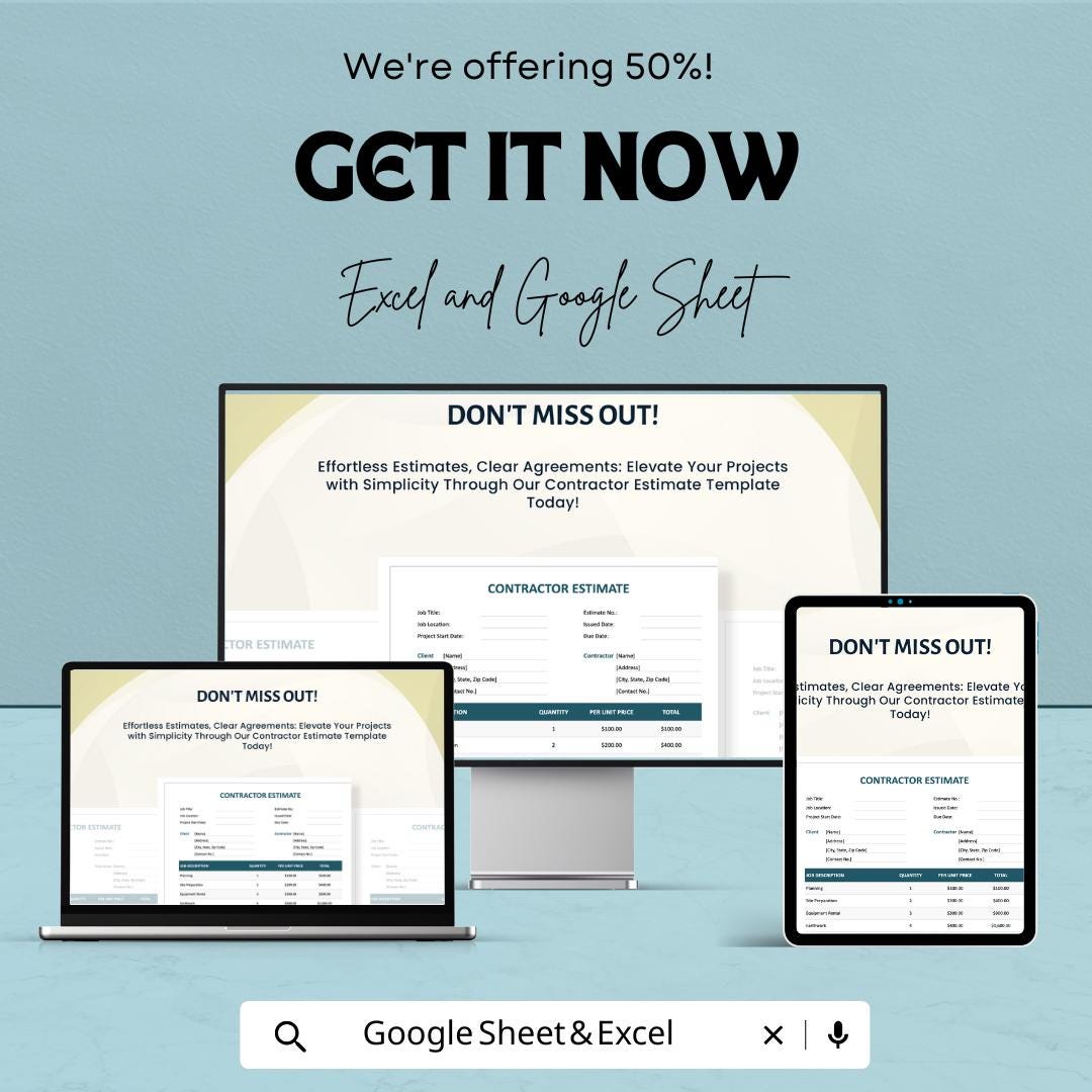 Simple Contractor Estimate Template | Editable Construction Quote Form | Service Cost Breakdown | Work Estimate Sheet