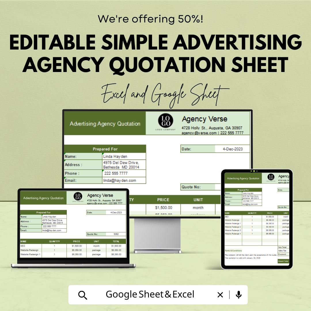 Editable Simple Advertising Agency Quotation Sheet | Excel & Google Sheets Template | Customizable Pricing Sheet for Agencies |