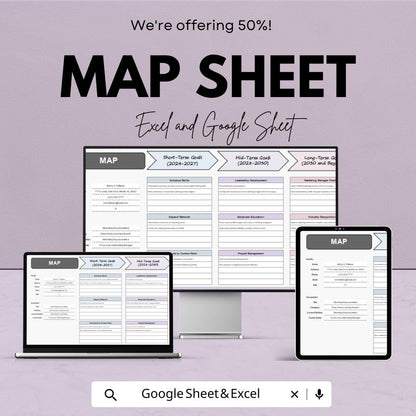 50% Off | Customizable Map Sheet Template for Goal Setting | Short, Mid, and Long-Term Planning | Excel & Google Sheets
