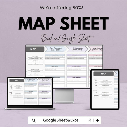 50% Off | Customizable Map Sheet Template for Goal Setting | Short, Mid, and Long-Term Planning | Excel & Google Sheets