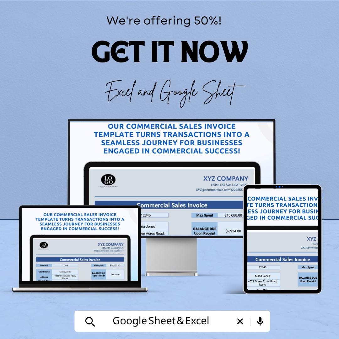 Commercial Sales Invoice Template - Excel & Google Sheet | Customizable Invoice Tracker for Businesses | Professional Invoice Sheet |