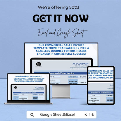 Commercial Sales Invoice Template - Excel & Google Sheet | Customizable Invoice Tracker for Businesses | Professional Invoice Sheet |