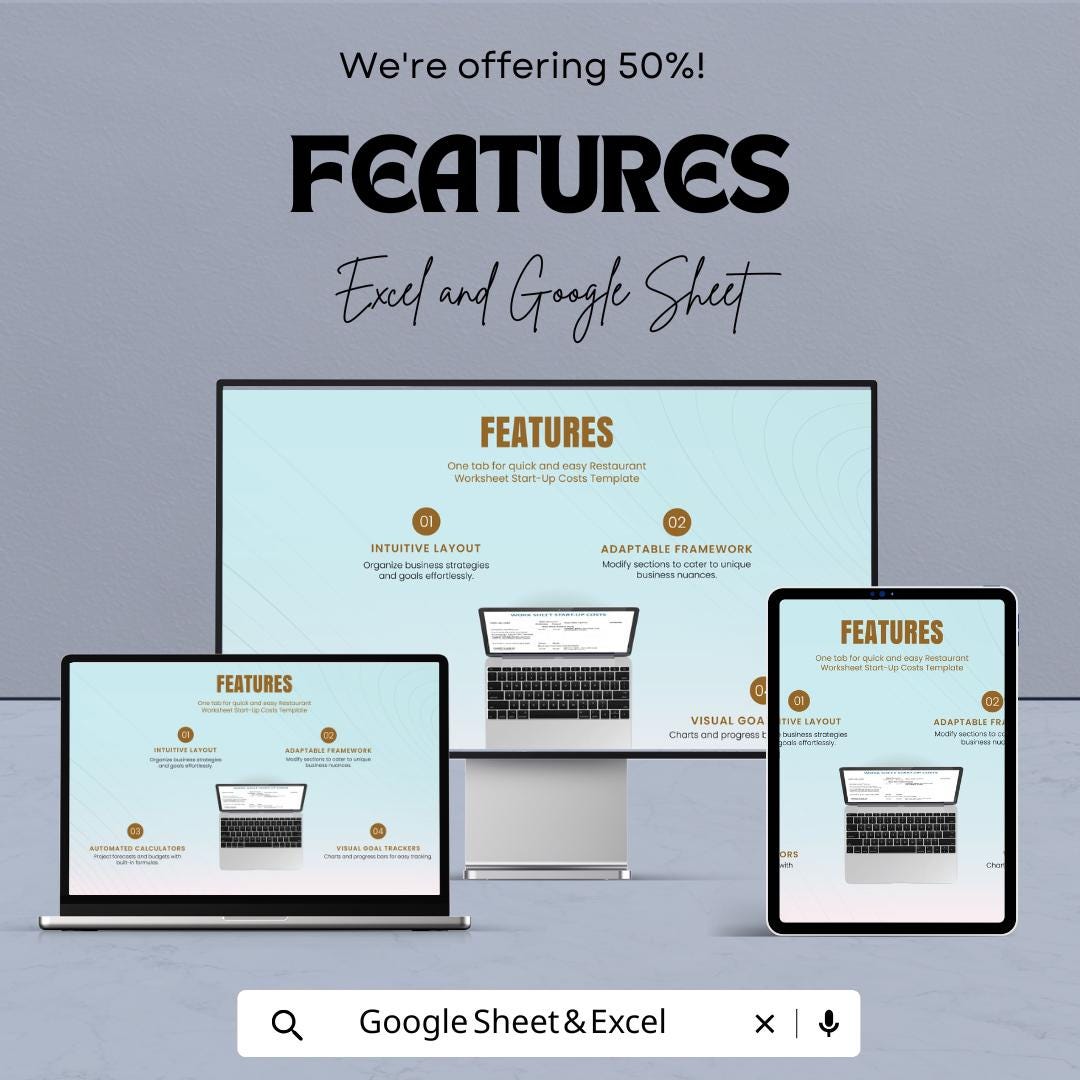 Restaurant Start-Up Cost Worksheet | Google Sheets & Excel Template | Restaurant Budget Planner | Startup Expense Tracker for Small Business