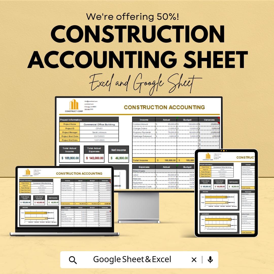 Construction Accounting Template | Excel & Google Sheet | Project Cost Tracker | 50% Off!