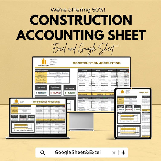 Construction Accounting Template | Excel & Google Sheet | Project Cost Tracker | 50% Off!