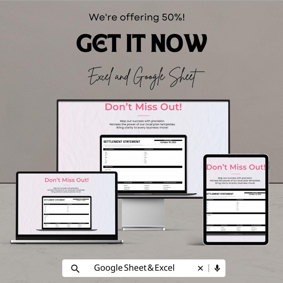 Settlement Statement Template | Excel and Google Sheet | Real Estate Closing Sheet | Buyer & Seller Financial Summary Form