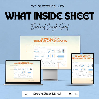 Travel Agency Performance Dashboard Template - Excel & Google Sheets - Track Revenue, Sales, and Customer Insights