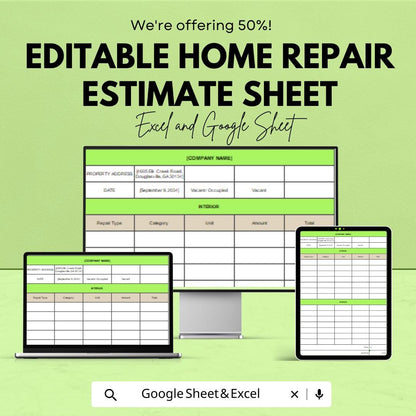 Editable Home Repair Estimate Sheet for Excel & Google Sheets – Customizable Template for Home Renovation Projects