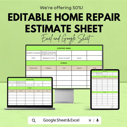 Editable Home Repair Estimate Sheet for Excel & Google Sheets – Customizable Template for Home Renovation Projects